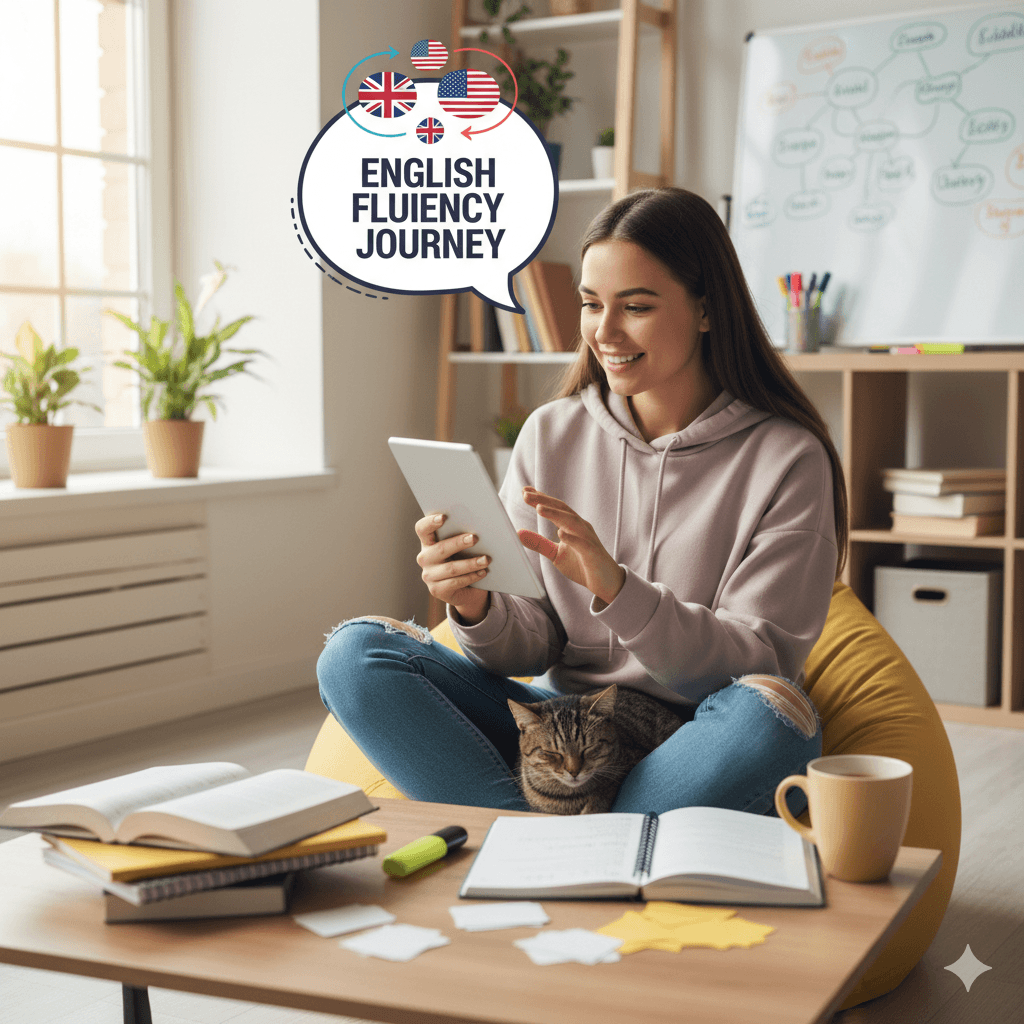 Estudante estudando inglês para alcançar fluência