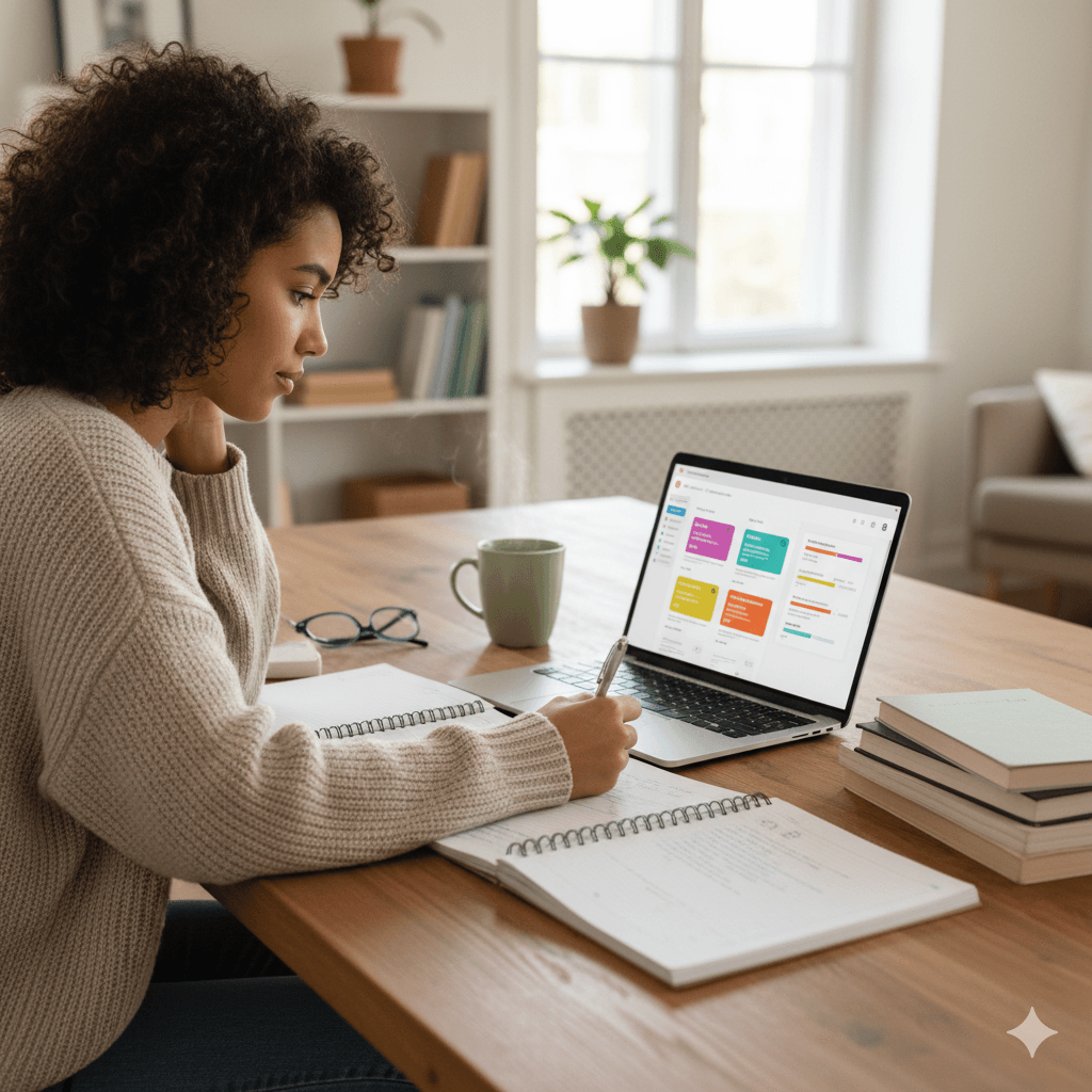 Jovem estudando inglês no laptop com caderno de anotações